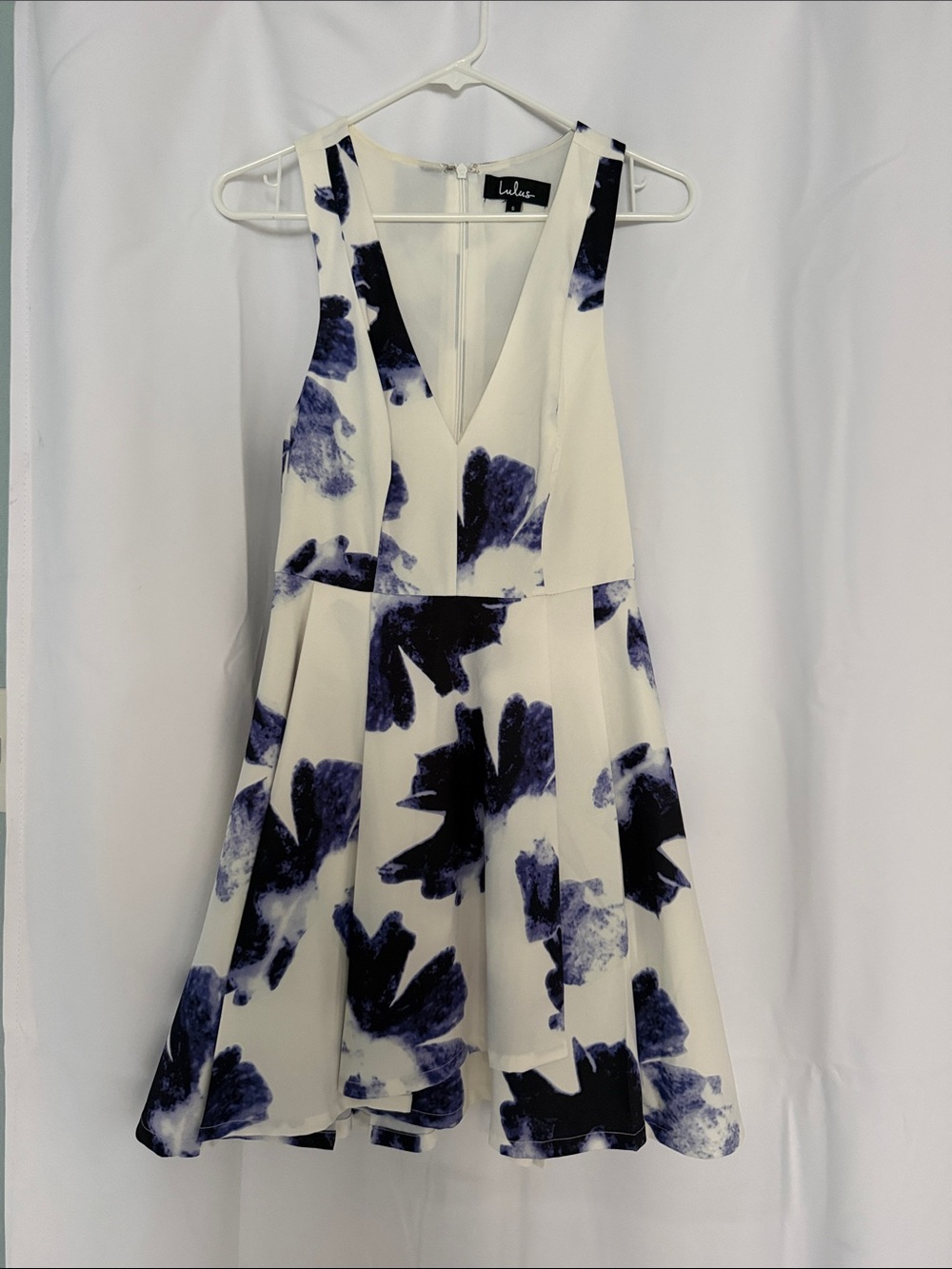 Lulu's White Mini Dress with Navy Floral Print - V-Neck Knee Length